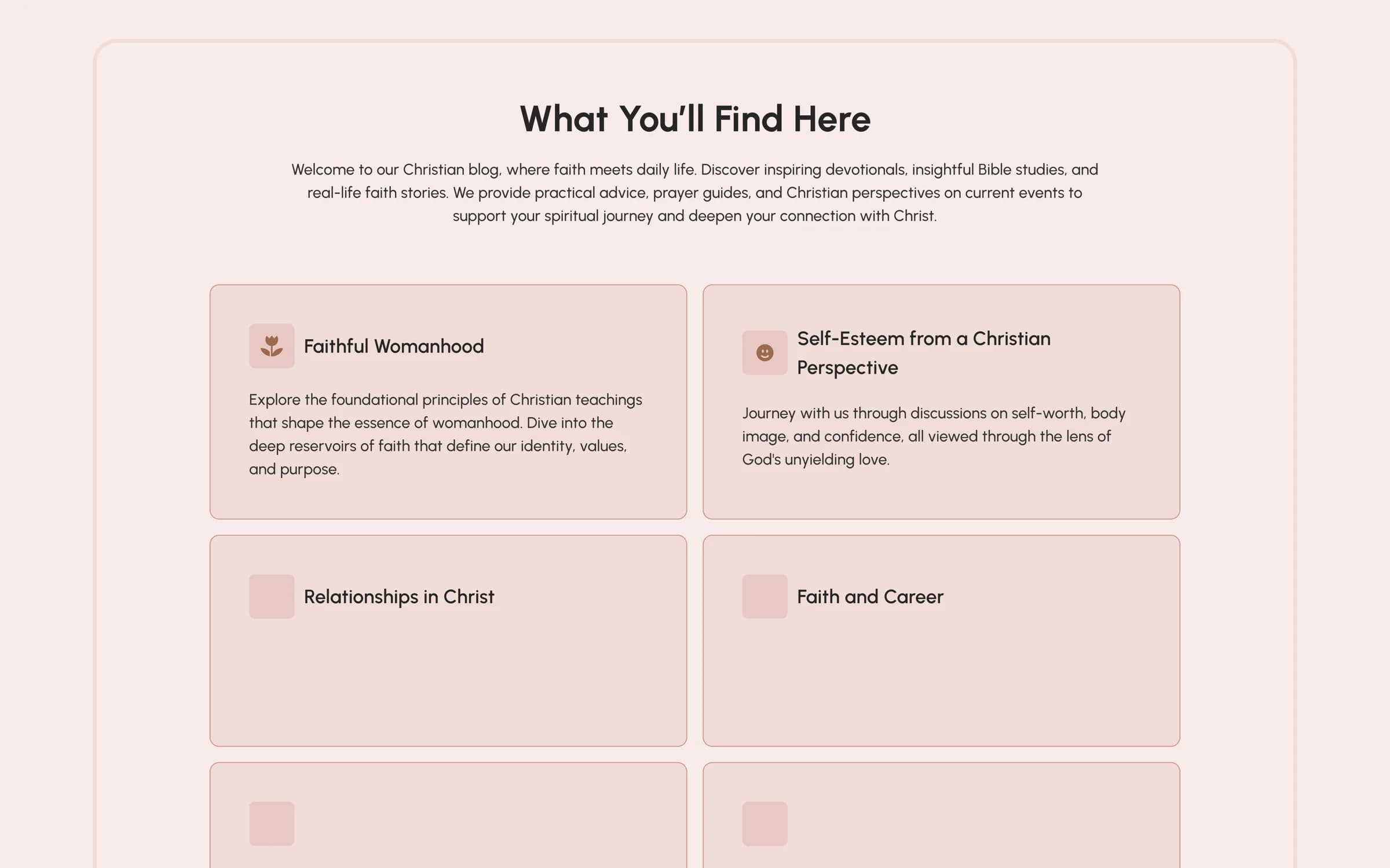 The “What You’ll Find Here” section of the Gracefully Empowered site, showing themed cards for Faithful Womanhood, Self-Esteem from a Christian Perspective, Relationships in Christ and Faith and Career.