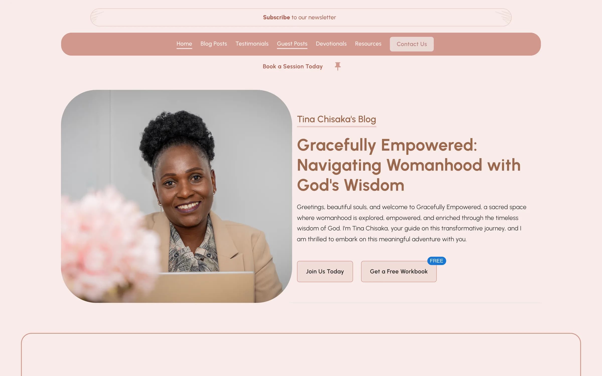 The Gracefully Empowered homepage, with a portrait of Tina Chisaka beside the headline “Gracefully Empowered: Navigating Womanhood with God’s Wisdom”.