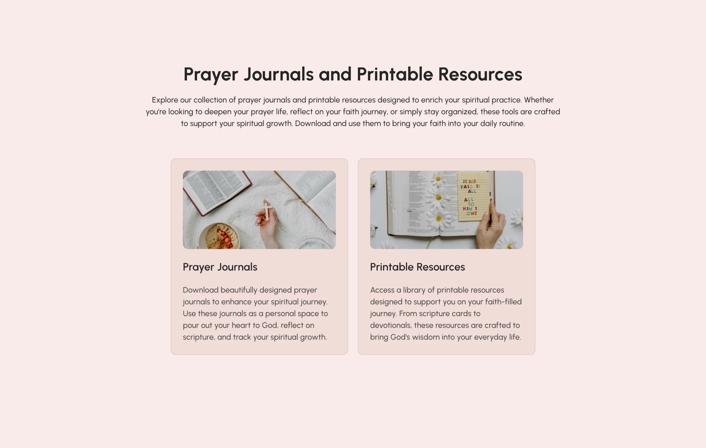 The Prayer Journals and Printable Resources section of the Gracefully Empowered site, with two cards offering downloadable journals and printables.