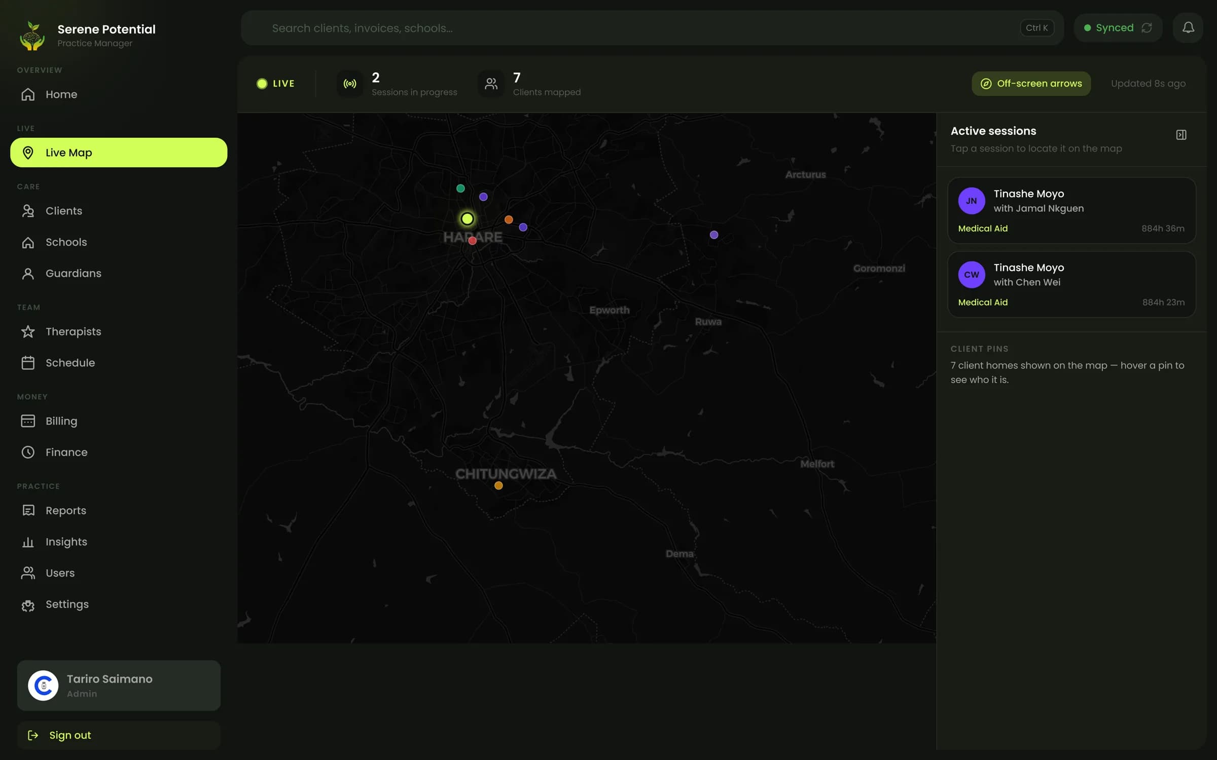 The Serene Potential practice manager, showing a dark live map of active therapist sessions across the region beside a panel of sessions currently in progress.