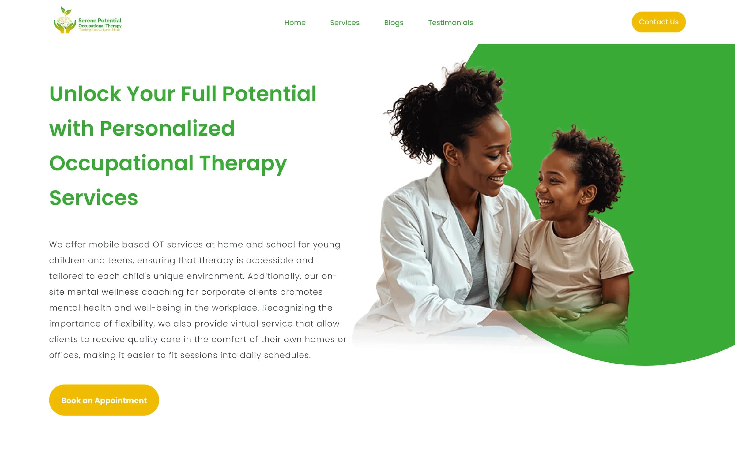 The public Serene Potential website, showing a therapist working with a child beneath the headline “Unlock Your Full Potential with Personalized Occupational Therapy Services”.