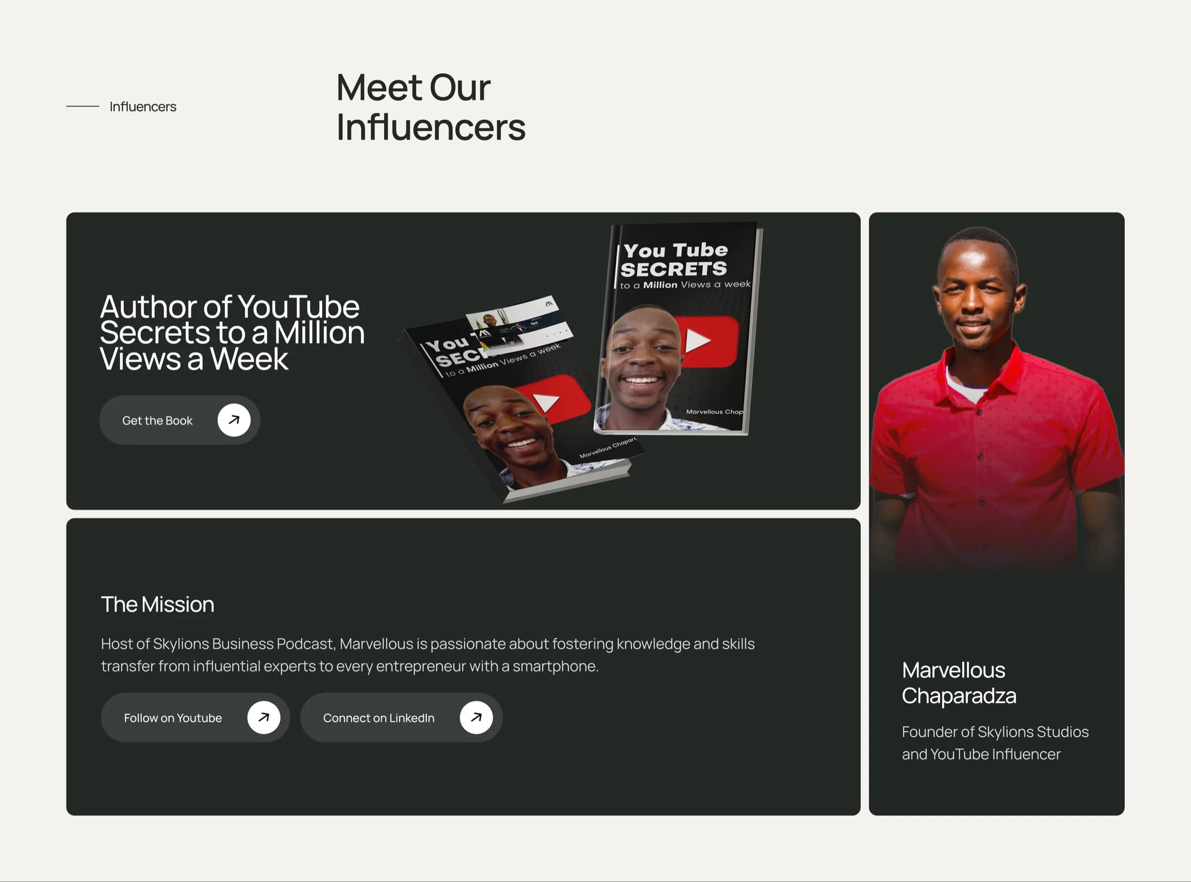 The “Meet Our Influencers” section of the Skylions Studios site, profiling founder Marvellous Chaparadza alongside his YouTube work.