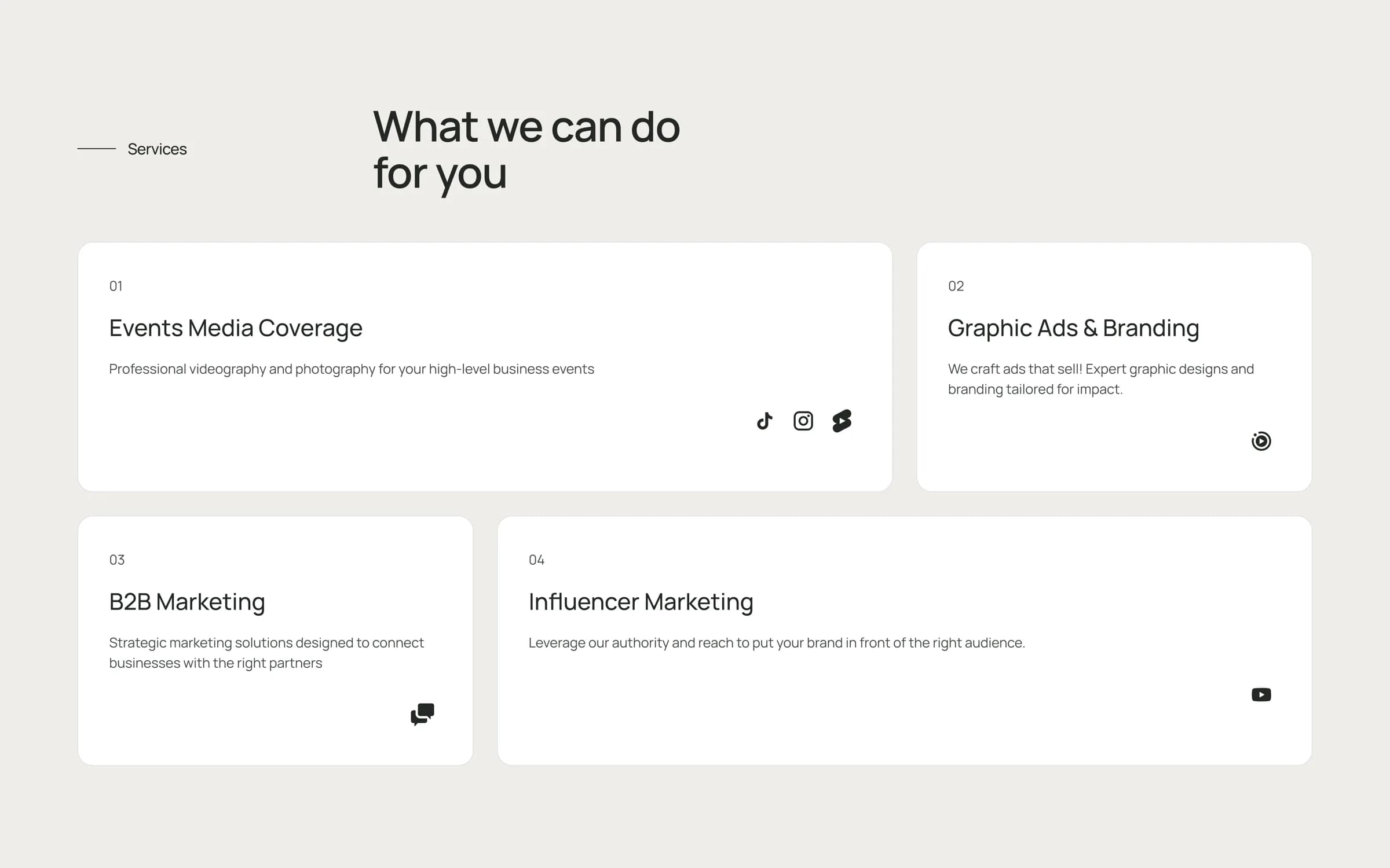The services section of the Skylions Studios site, showing four numbered cards for events media coverage, graphic ads and branding, B2B marketing and influencer marketing.