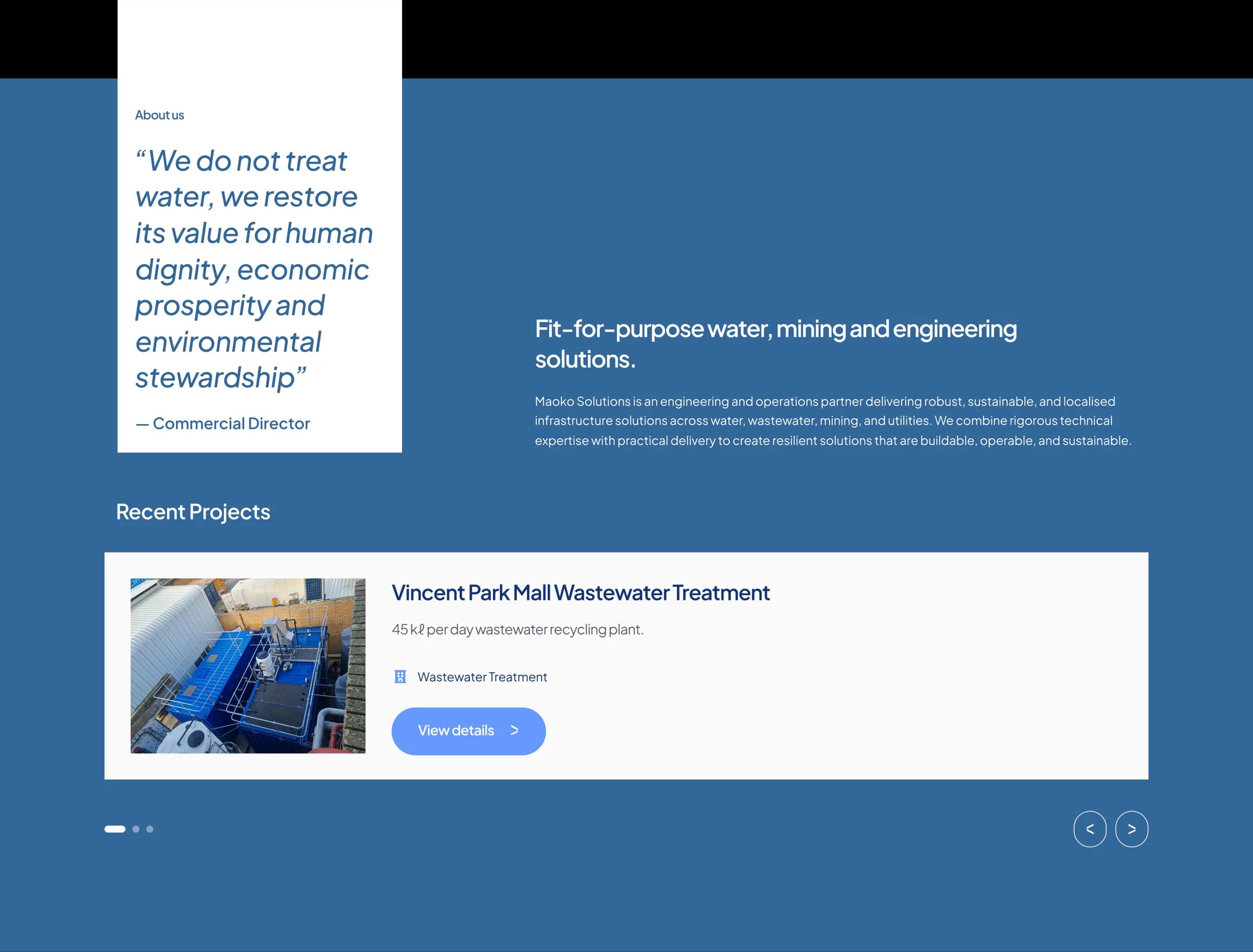The Maoko Solutions site showing a pull quote from the Commercial Director alongside the Recent Projects carousel.