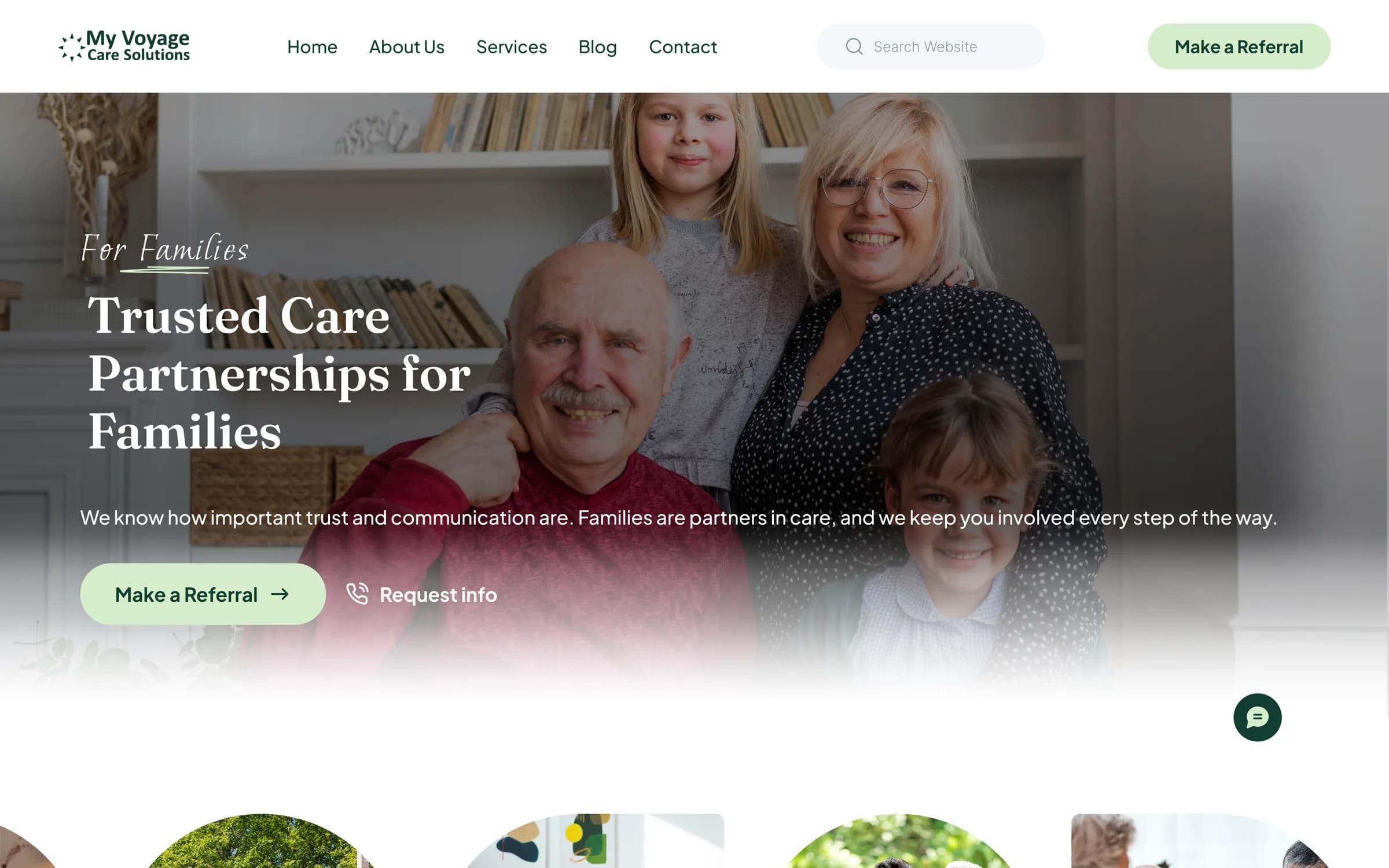The My Voyage Care Solutions homepage, showing a family photographed together beneath the headline “Trusted Care Partnerships for Families”.