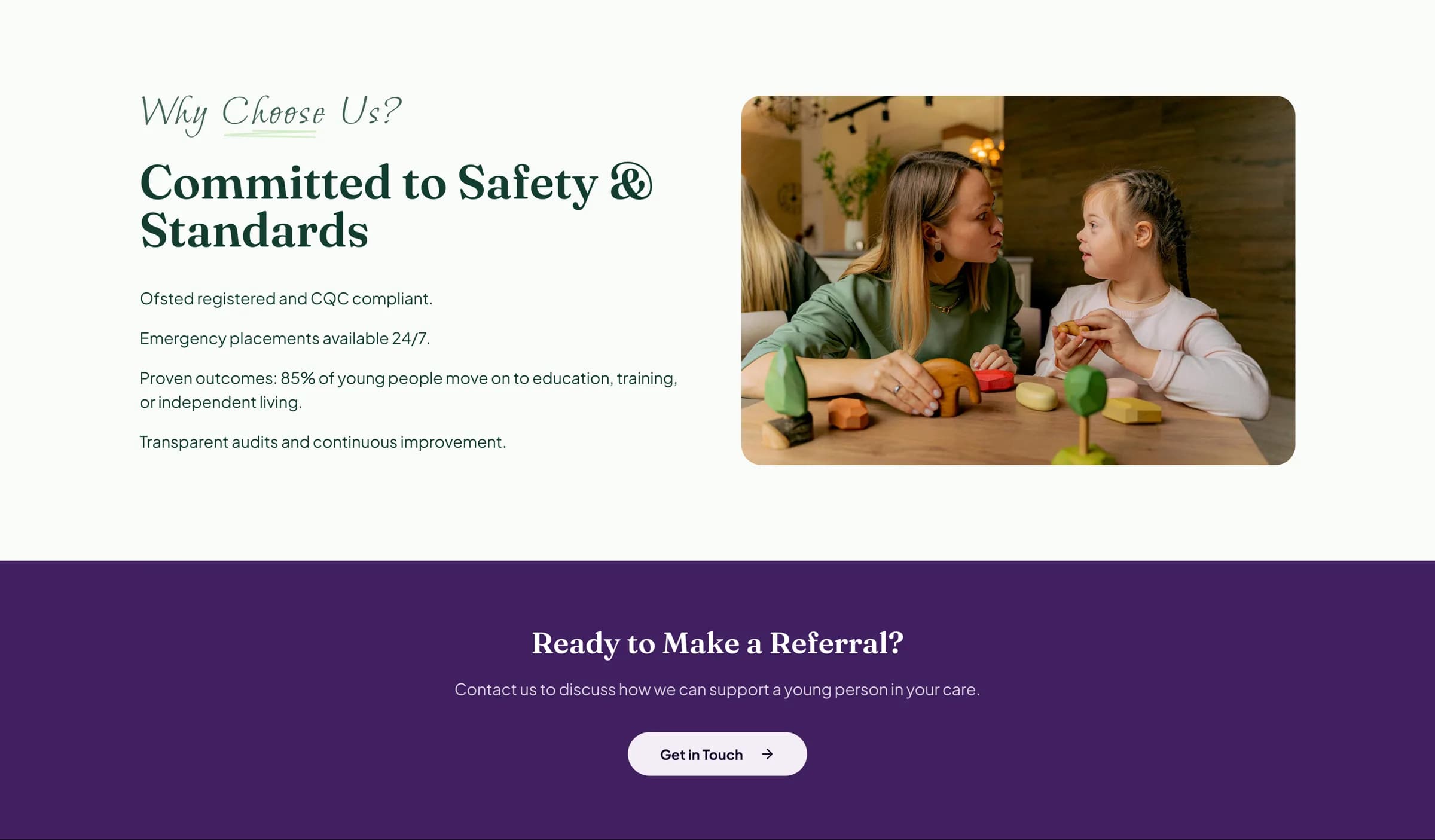 The “Committed to Safety & Standards” section of the My Voyage Care Solutions site, listing regulatory credentials, alongside a purple “Ready to Make a Referral?” call to action.